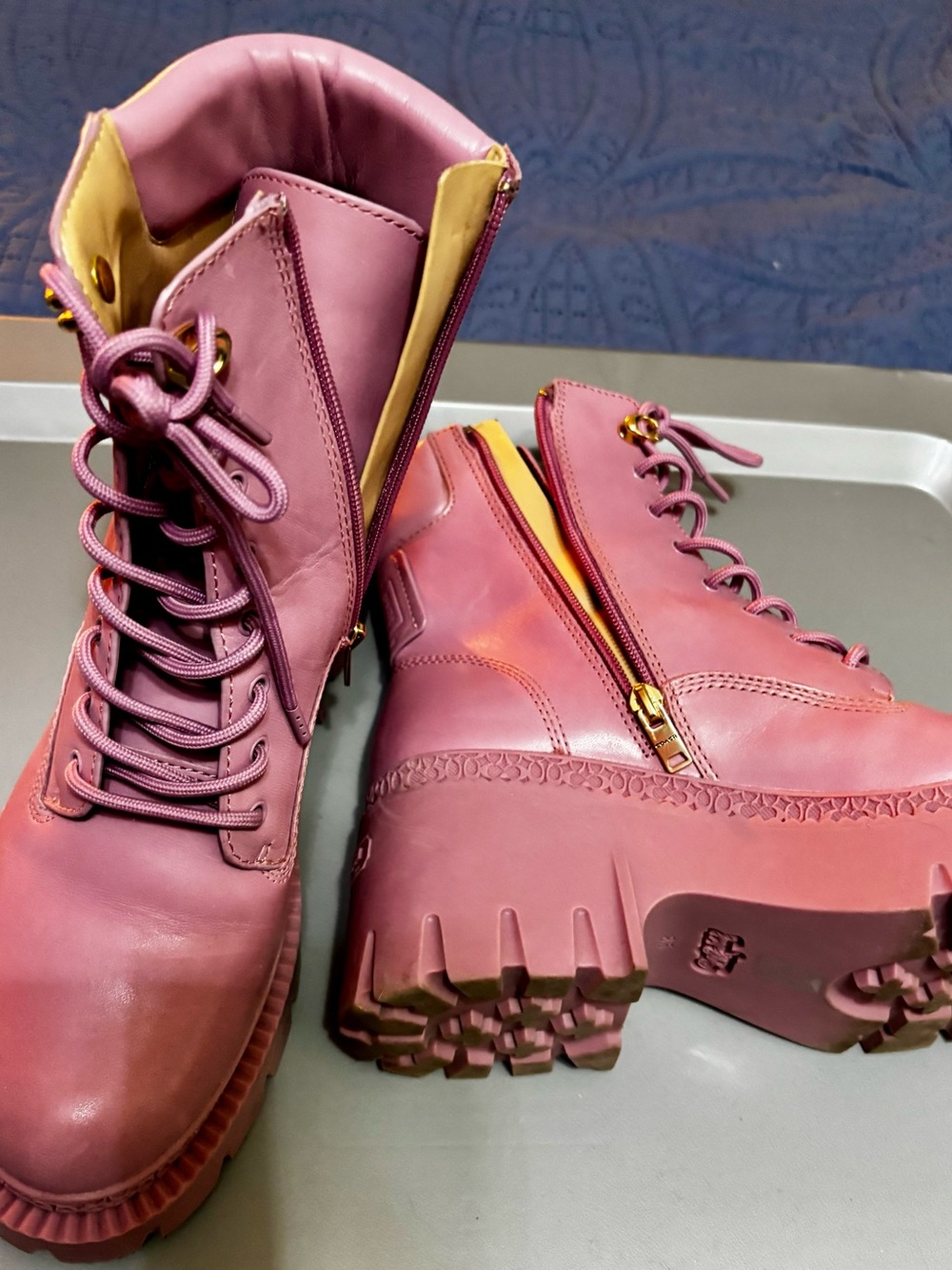 Coach Coach Ainsely Bootie Women’s Pink Lace-Up Platform Boots with Side Zip